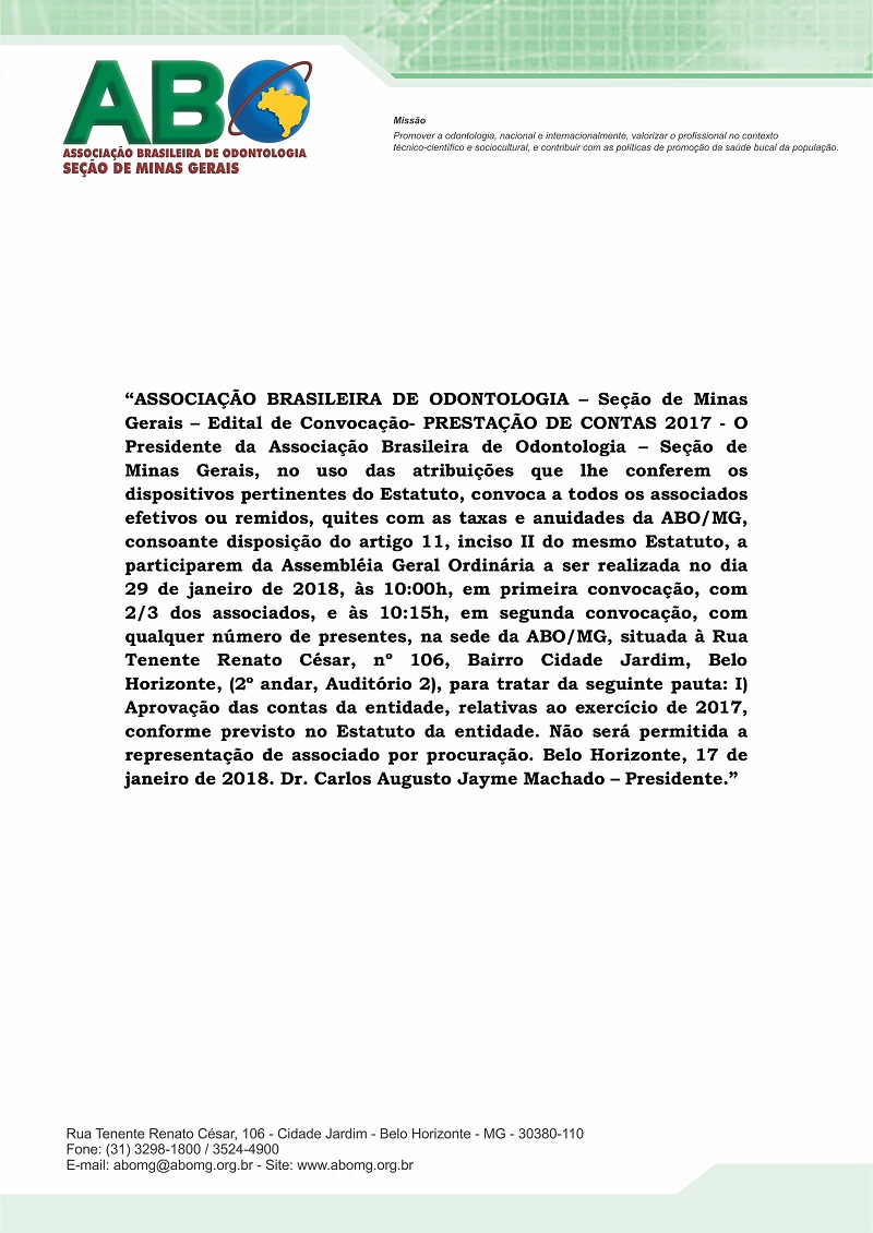 ASSOCIAÇÃO BRASILEIRA DE ODONTOLOGIA – Seção de Minas Gerais – Edital de Convocação- PRESTAÇÃO DE CO